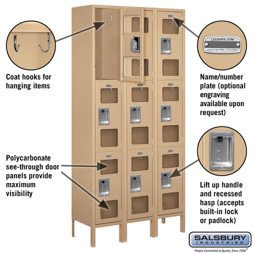 Salsbury 12" Wide Triple Tier See-Through Metal Locker - 3 Wide - 6 Feet High - 12 Inches Deep - Tan - Assembled - Sweatfully