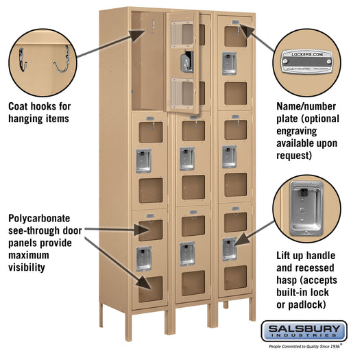 Salsbury 12" Wide Triple Tier See-Through Metal Locker - 3 Wide - 6 Feet High - 12 Inches Deep - Tan - Unassembled - Sweatfully