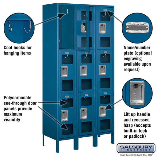 Salsbury 12" Wide Triple Tier See-Through Metal Locker - 3 Wide - 6 Feet High - 15 Inches Deep - Blue - Assembled - Sweatfully