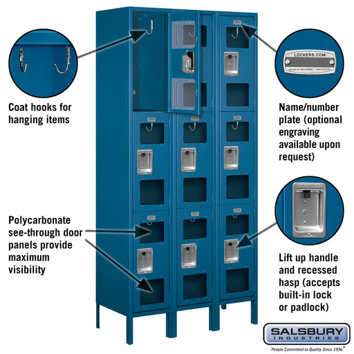 Salsbury 12" Wide Triple Tier See-Through Metal Locker - 3 Wide - 6 Feet High - 15 Inches Deep - Blue - Unassembled - Sweatfully