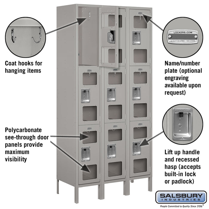 Salsbury 12" Wide Triple Tier See-Through Metal Locker - 3 Wide - 6 Feet High - 15 Inches Deep - Gray - Assembled - Sweatfully