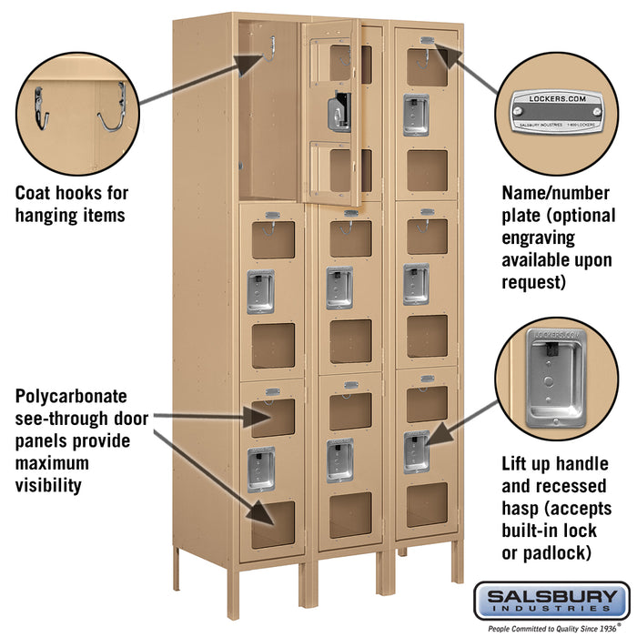 Salsbury 12" Wide Triple Tier See-Through Metal Locker - 3 Wide - 6 Feet High - 15 Inches Deep - Tan - Assembled - Sweatfully