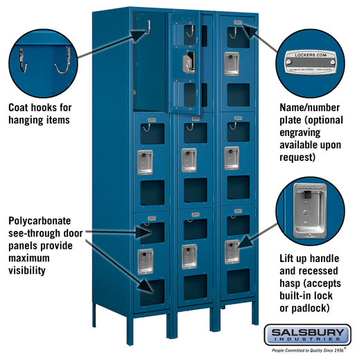 Salsbury 12" Wide Triple Tier See-Through Metal Locker - 3 Wide - 6 Feet High - 18 Inches Deep - Blue - Assembled - Sweatfully