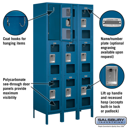 Salsbury 12" Wide Triple Tier See-Through Metal Locker - 3 Wide - 6 Feet High - 18 Inches Deep - Blue - Unassembled - Sweatfully