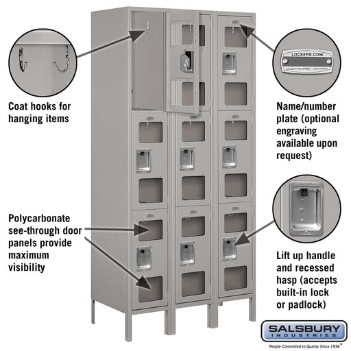 Salsbury 12" Wide Triple Tier See-Through Metal Locker - 3 Wide - 6 Feet High - 18 Inches Deep - Gray - Assembled - Sweatfully