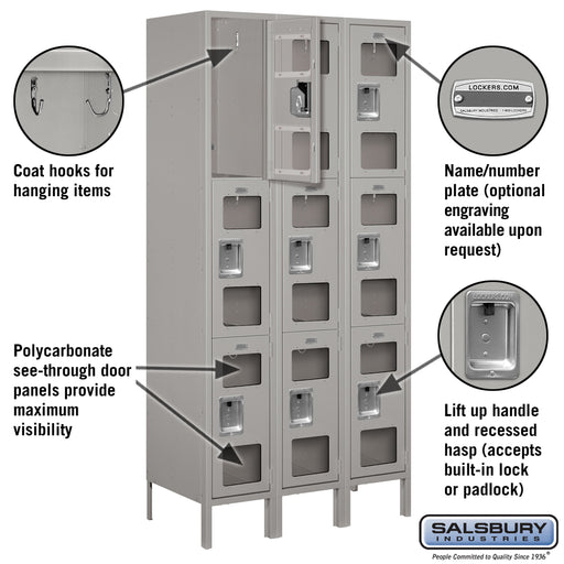 Salsbury 12" Wide Triple Tier See-Through Metal Locker - 3 Wide - 6 Feet High - 18 Inches Deep - Gray - Unassembled - Sweatfully