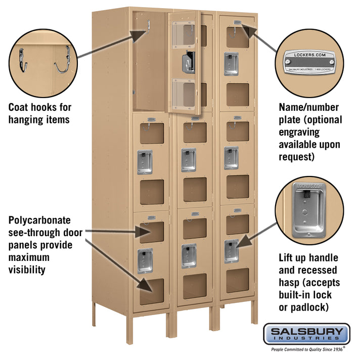 Salsbury 12" Wide Triple Tier See-Through Metal Locker - 3 Wide - 6 Feet High - 18 Inches Deep - Tan - Unassembled - Sweatfully