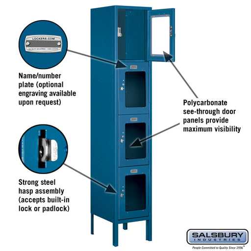 Salsbury 12" Wide Four Tier See-Through Metal Locker - 1 Wide - 5 Feet High - 12 Inches Deep - Blue - Assembled - Sweatfully