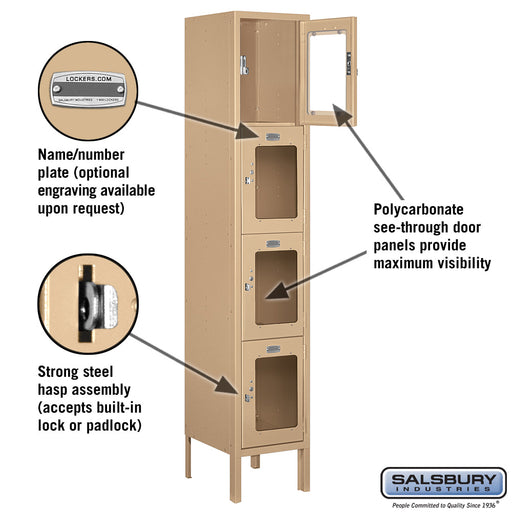 Salsbury 12" Wide Four Tier See-Through Metal Locker - 1 Wide - 5 Feet High - 12 Inches Deep - Tan - Unassembled - Sweatfully
