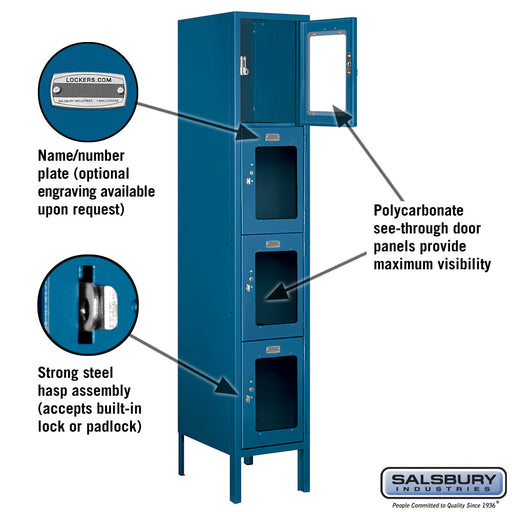 Salsbury 12" Wide Four Tier See-Through Metal Locker - 1 Wide - 5 Feet High - 15 Inches Deep - Blue - Unassembled - Sweatfully