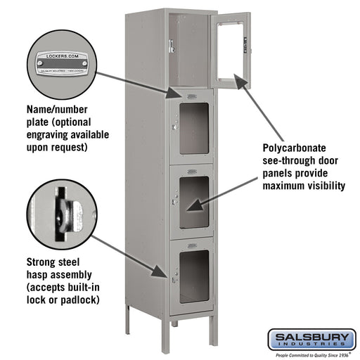 Salsbury 12" Wide Four Tier See-Through Metal Locker - 1 Wide - 5 Feet High - 15 Inches Deep - Gray - Assembled - Sweatfully