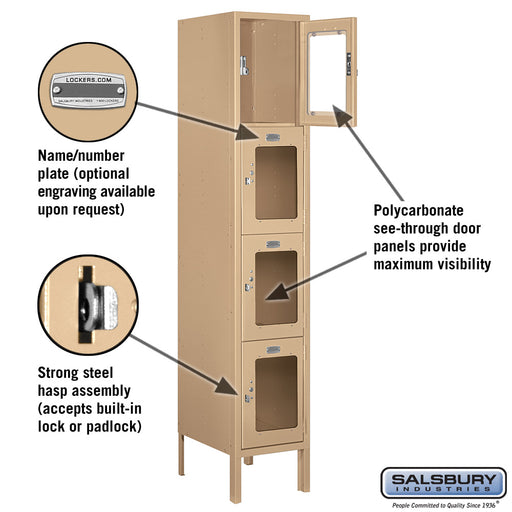 Salsbury 12" Wide Four Tier See-Through Metal Locker - 1 Wide - 5 Feet High - 15 Inches Deep - Tan - Unassembled - Sweatfully