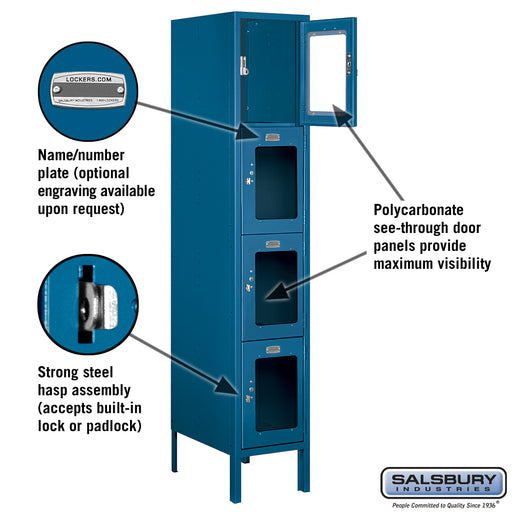 Salsbury 12" Wide Four Tier See-Through Metal Locker - 1 Wide - 5 Feet High - 18 Inches Deep - Blue - Unassembled - Sweatfully
