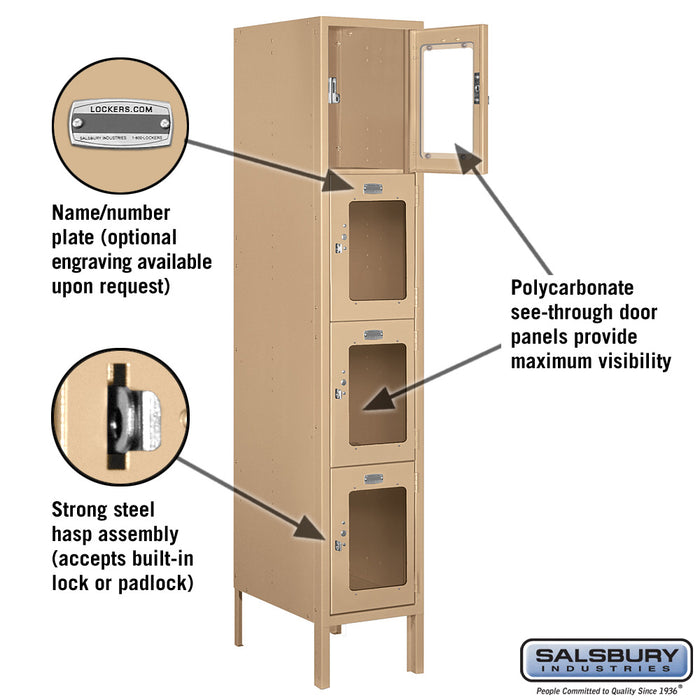 Salsbury 12" Wide Four Tier See-Through Metal Locker - 1 Wide - 5 Feet High - 18 Inches Deep - Tan - Unassembled - Sweatfully