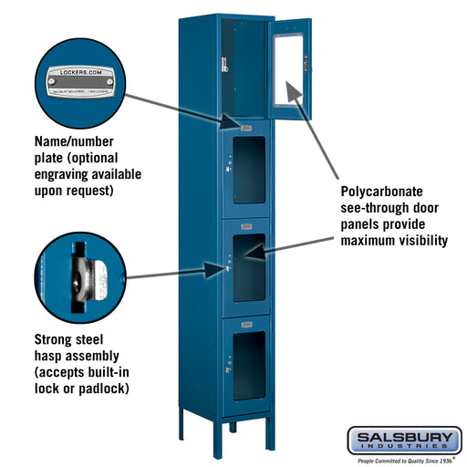 Salsbury 12" Wide Four Tier See-Through Metal Locker - 1 Wide - 6 Feet High - 12 Inches Deep - Blue - Unassembled - Sweatfully