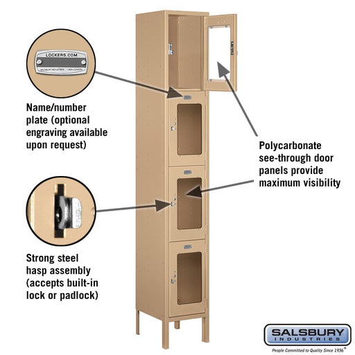 Salsbury 12" Wide Four Tier See-Through Metal Locker - 1 Wide - 6 Feet High - 12 Inches Deep - Tan - Unassembled - Sweatfully