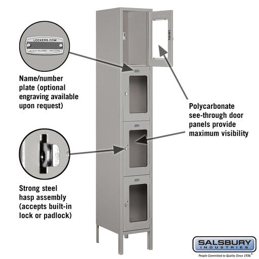 Salsbury 12" Wide Four Tier See-Through Metal Locker - 1 Wide - 6 Feet High - 15 Inches Deep - Gray - Unassembled - Sweatfully