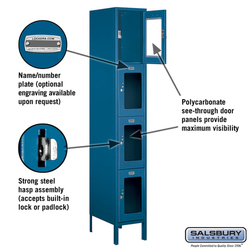 Salsbury 12" Wide Four Tier See-Through Metal Locker - 1 Wide - 6 Feet High - 18 Inches Deep - Blue - Assembled - Sweatfully