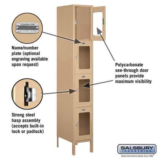 Salsbury 12" Wide Four Tier See-Through Metal Locker - 1 Wide - 6 Feet High - 18 Inches Deep - Tan - Assembled - Sweatfully