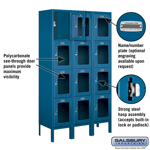 Salsbury 12" Wide Four Tier See-Through Metal Locker - 3 Wide - 5 Feet High - 12 Inches Deep - Blue - Assembled - Sweatfully