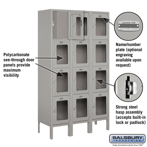 Salsbury 12" Wide Four Tier See-Through Metal Locker - 3 Wide - 5 Feet High - 12 Inches Deep - Gray - Assembled - Sweatfully