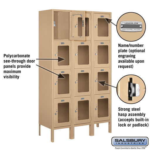Salsbury 12" Wide Four Tier See-Through Metal Locker - 3 Wide - 5 Feet High - 12 Inches Deep - Tan - Assembled - Sweatfully