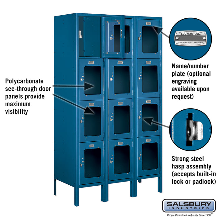 Salsbury 12" Wide Four Tier See-Through Metal Locker - 3 Wide - 5 Feet High - 15 Inches Deep - Blue - Assembled - Sweatfully