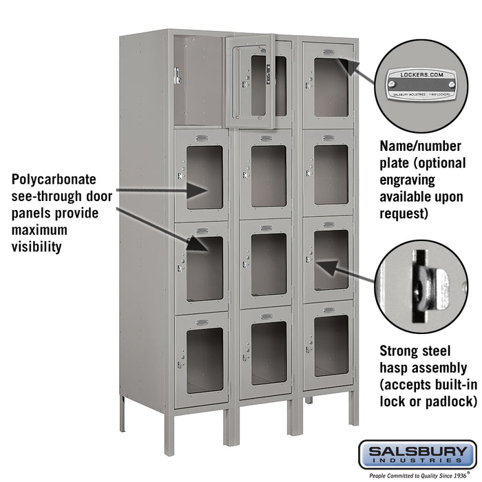 Salsbury 12" Wide Four Tier See-Through Metal Locker - 3 Wide - 5 Feet High - 15 Inches Deep - Gray - Assembled - Sweatfully