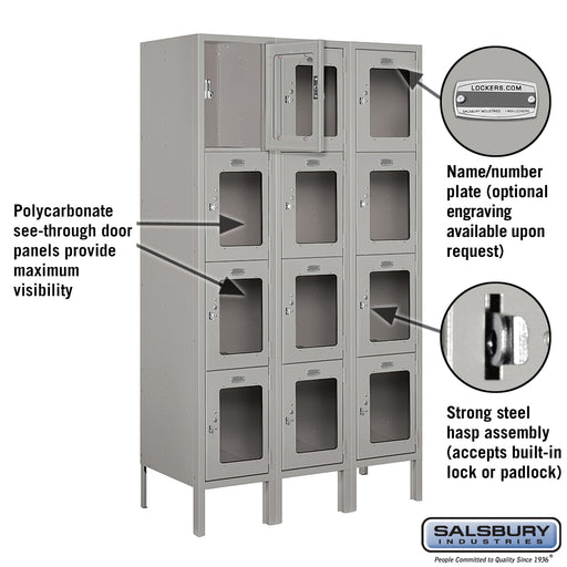 Salsbury 12" Wide Four Tier See-Through Metal Locker - 3 Wide - 5 Feet High - 15 Inches Deep - Gray - Unassembled - Sweatfully