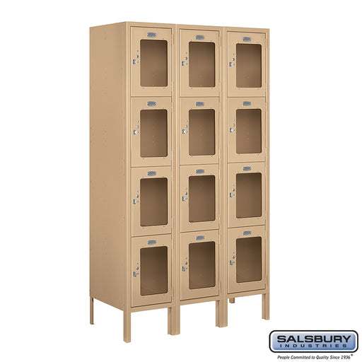 Salsbury 12" Wide Four Tier See-Through Metal Locker - 3 Wide - 5 Feet High - 15 Inches Deep - Tan - Assembled - Sweatfully