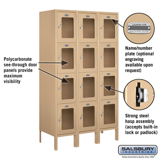 Salsbury 12" Wide Four Tier See-Through Metal Locker - 3 Wide - 5 Feet High - 15 Inches Deep - Tan - Unassembled - Sweatfully
