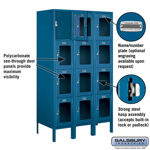 Salsbury 12" Wide Four Tier See-Through Metal Locker - 3 Wide - 5 Feet High - 18 Inches Deep - Blue - Unassembled - Sweatfully