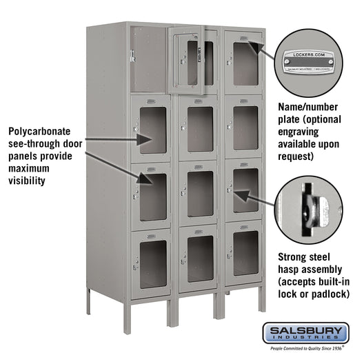 Salsbury 12" Wide Four Tier See-Through Metal Locker - 3 Wide - 5 Feet High - 18 Inches Deep - Gray - Assembled - Sweatfully