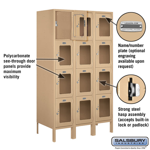 Salsbury 12" Wide Four Tier See-Through Metal Locker - 3 Wide - 5 Feet High - 18 Inches Deep - Tan - Unassembled - Sweatfully