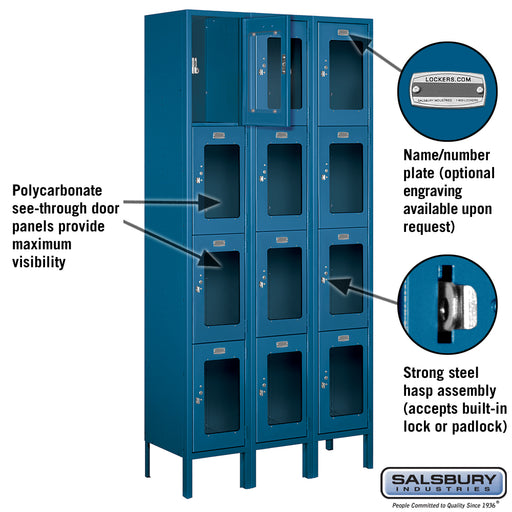 Salsbury 12" Wide Four Tier See-Through Metal Locker - 3 Wide - 6 Feet High - 12 Inches Deep - Blue - Assembled - Sweatfully