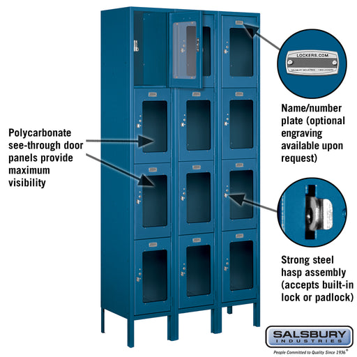 Salsbury 12" Wide Four Tier See-Through Metal Locker - 3 Wide - 6 Feet High - 12 Inches Deep - Blue - Unassembled - Sweatfully