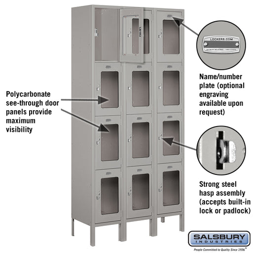 Salsbury 12" Wide Four Tier See-Through Metal Locker - 3 Wide - 6 Feet High - 12 Inches Deep - Gray - Assembled - Sweatfully