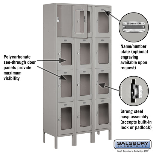 Salsbury 12" Wide Four Tier See-Through Metal Locker - 3 Wide - 6 Feet High - 12 Inches Deep - Gray - Unassembled - Sweatfully