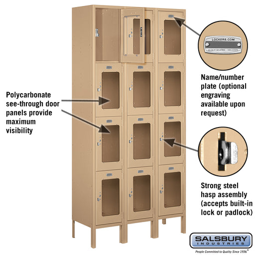 Salsbury 12" Wide Four Tier See-Through Metal Locker - 3 Wide - 6 Feet High - 12 Inches Deep - Tan - Assembled - Sweatfully