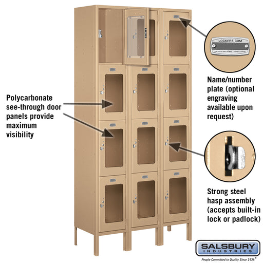 Salsbury 12" Wide Four Tier See-Through Metal Locker - 3 Wide - 6 Feet High - 12 Inches Deep - Tan - Unassembled - Sweatfully