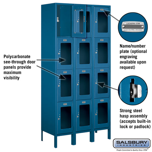 Salsbury 12" Wide Four Tier See-Through Metal Locker - 3 Wide - 6 Feet High - 15 Inches Deep - Blue - Assembled - Sweatfully