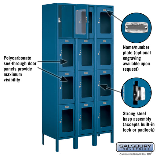 Salsbury 12" Wide Four Tier See-Through Metal Locker - 3 Wide - 6 Feet High - 15 Inches Deep - Blue - Unassembled - Sweatfully