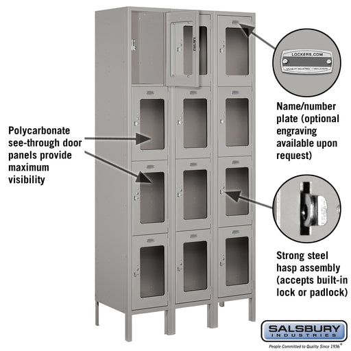 Salsbury 12" Wide Four Tier See-Through Metal Locker - 3 Wide - 6 Feet High - 15 Inches Deep - Gray - Assembled - Sweatfully