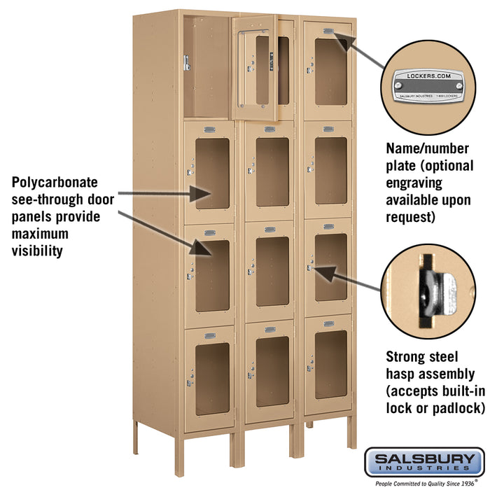Salsbury 12" Wide Four Tier See-Through Metal Locker - 3 Wide - 6 Feet High - 15 Inches Deep - Tan - Assembled - Sweatfully