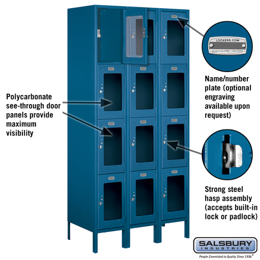 Salsbury 12" Wide Four Tier See-Through Metal Locker - 3 Wide - 6 Feet High - 18 Inches Deep - Blue - Unassembled - Sweatfully