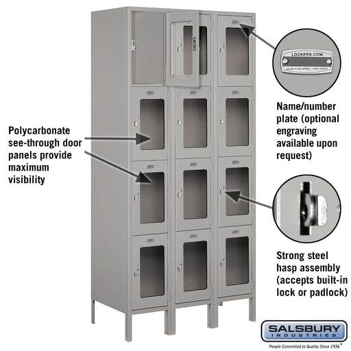 Salsbury 12" Wide Four Tier See-Through Metal Locker - 3 Wide - 6 Feet High - 18 Inches Deep - Gray - Assembled - Sweatfully