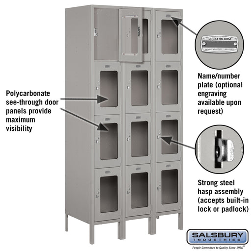Salsbury 12" Wide Four Tier See-Through Metal Locker - 3 Wide - 6 Feet High - 18 Inches Deep - Gray - Unassembled - Sweatfully