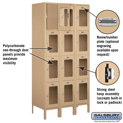 Salsbury 12" Wide Four Tier See-Through Metal Locker - 3 Wide - 6 Feet High - 18 Inches Deep - Tan - Assembled - Sweatfully