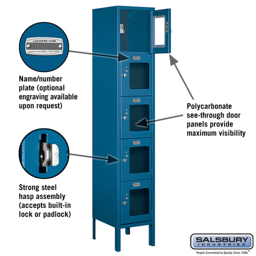 Salsbury 12" Wide Five Tier Box Style See-Through Metal Locker - 1 Wide - 5 Feet High - 12 Inches Deep - Blue - Assembled - Sweatfully