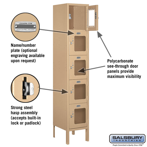 Salsbury 12" Wide Five Tier Box Style See-Through Metal Locker - 1 Wide - 5 Feet High - 12 Inches Deep - Tan - Assembled - Sweatfully